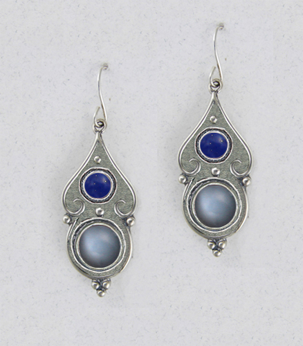Sterling Silver Gothic Look With Grey Moonstone And Lapis Lazuli Gemstone Drop Dangle Earrings